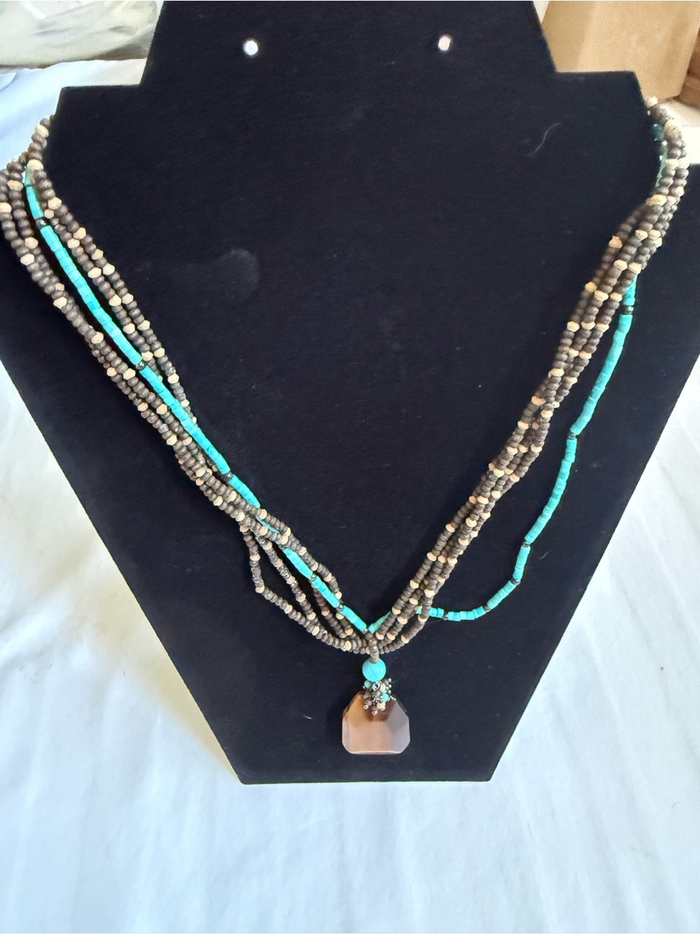 Vintage Southwestern Style Multi-Layer Earthy Beaded Necklace Geometric Pendant